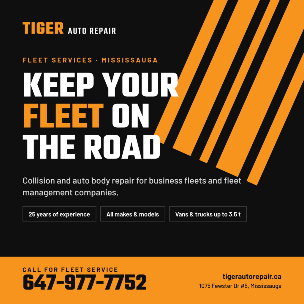 Tiger Auto Repair fleet services ad: collision and auto body repair for business fleets in Mississauga, call 647-977-7752